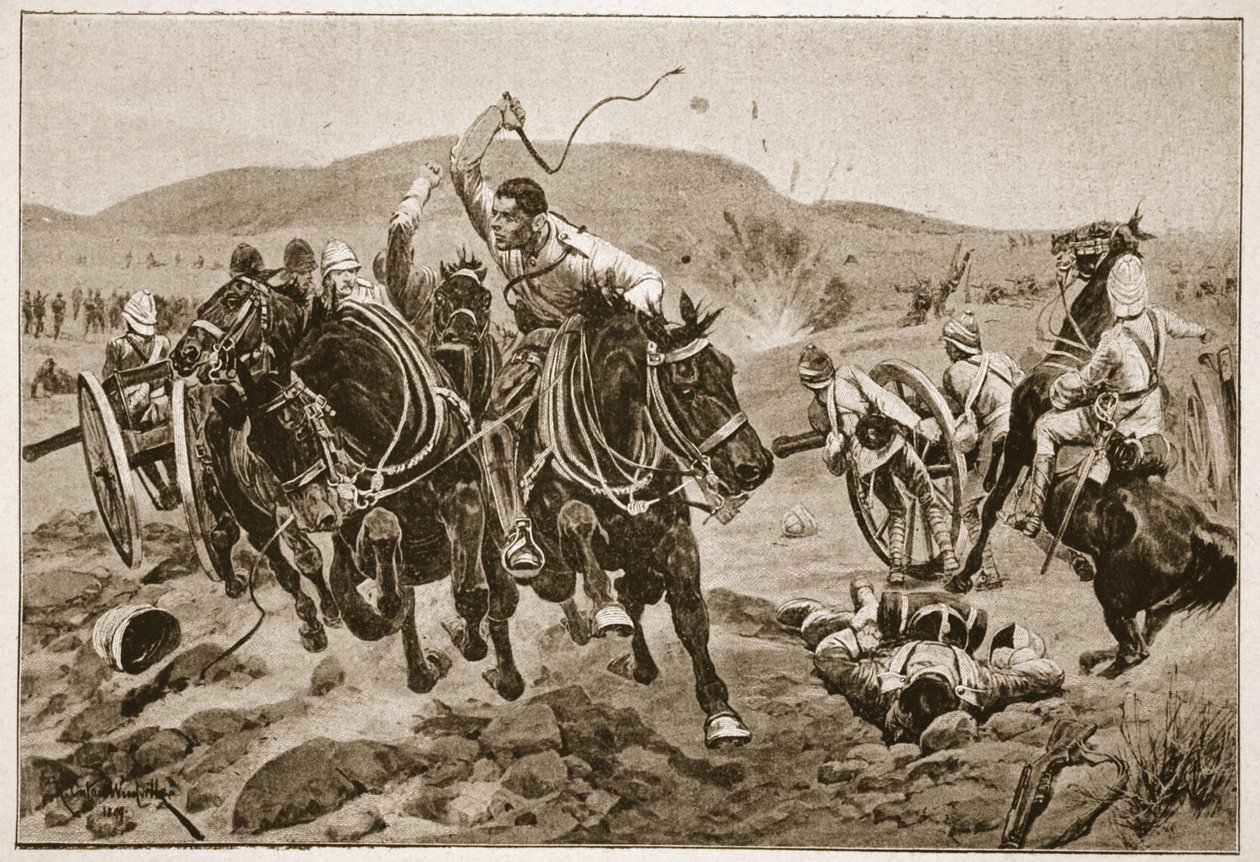A tábori tüzérség akcióba lép, illusztráció a „Tizenegyedik századi csaták” című kötetből. VI: Az 1899-1900 közötti búr háború, Archibald Forbes, G.A. Henty és Arthur Griffiths őrnagy alkotó: Richard Caton Woodville
