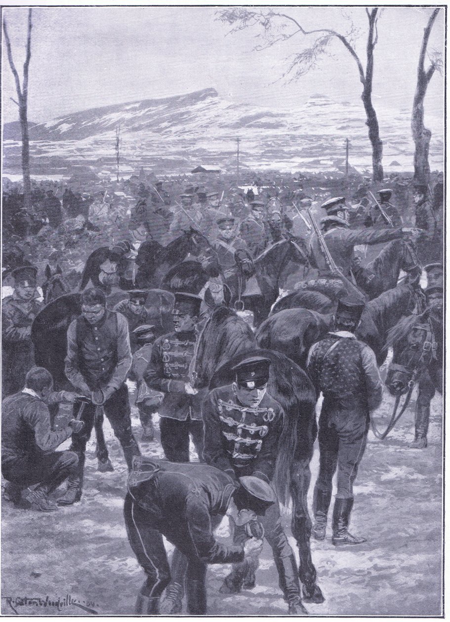 Japán lovassági tábor Szöulban: Patkolókovácsok munkában, illusztráció: Cassells Az orosz-japán háború története, 1. kötet, 1900 körül alkotó: Richard Caton Woodville