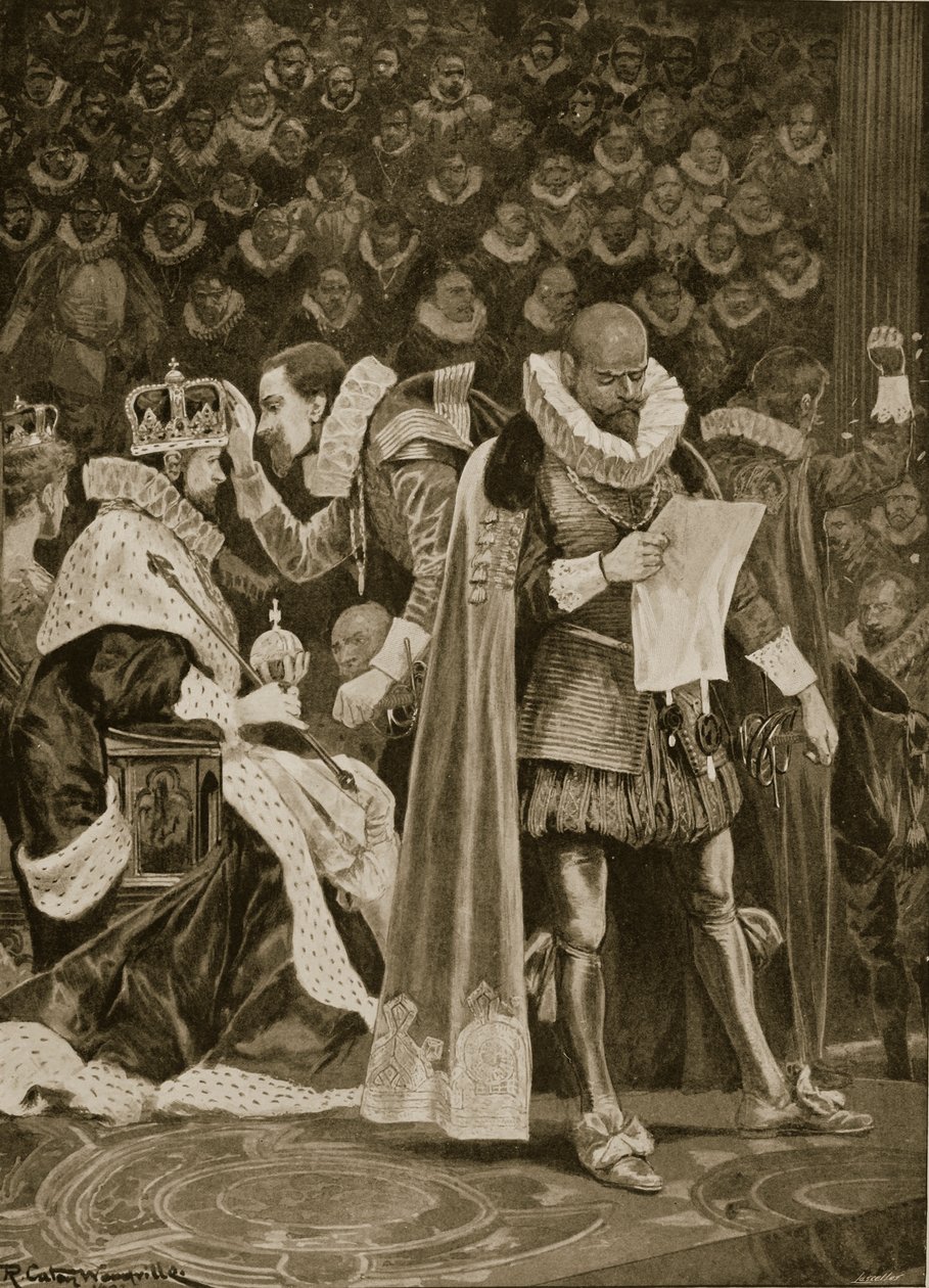 A Homage, a Largesse és a General Pardon I. Jakab és Anne dán koronázásán, 1603. július 25-én, a „The Illustrated London News”-ból, 1902 alkotó: Richard Caton Woodville
