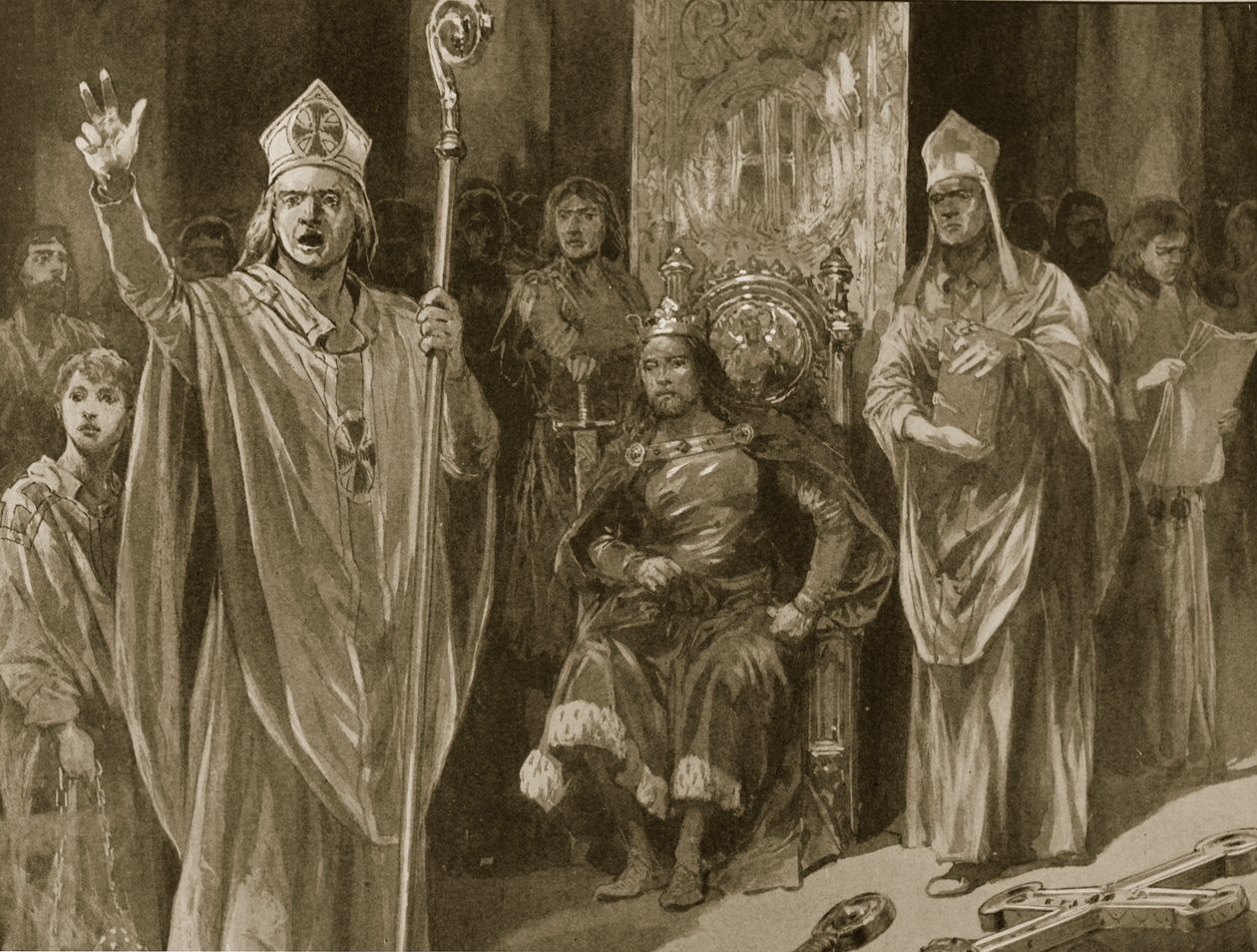 Hubert Walter, Canterbury érseke beszéde János koronázásán, mennybemenetel napján, 1199. május 27-én, a „The Illustrated London News”-ból, 1902 alkotó: Richard Caton Woodville