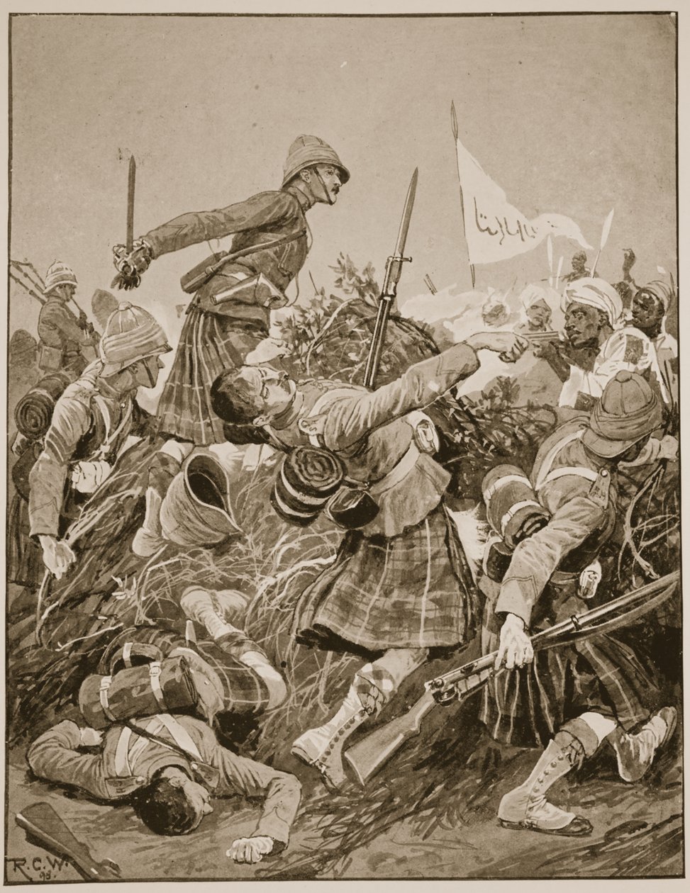 A Seaforth Highlanders megrohamozza a zarebát az atbarai csatában, illusztráció a "Battles of the Nineteenth Century" V. kötetéből: Campaigns of the Nineties, írta A. Hilliard Atteridge. alkotó: Richard Caton Woodville
