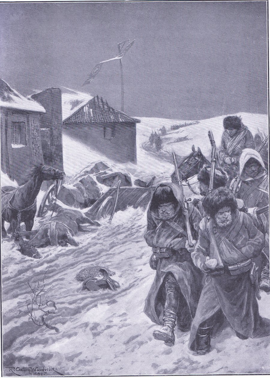 A végtelen menetelés kelet felé: Ismerős látvány az úton, illusztráció a Cassells History of the Russo-Japanese War 1. kötetből, 1900 körül alkotó: Richard Caton Woodville