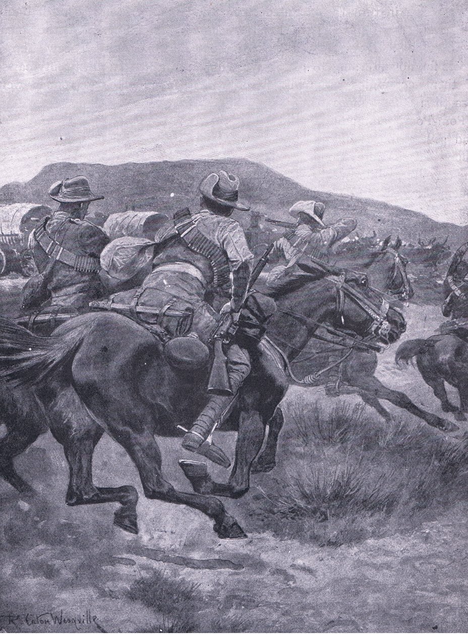 Yeomanry megtámadja De Wets utóvédét és szállítóját, az After Pretoria: The Guerilla War című filmből, amelyet a Harmsworth Bros Limited adott ki, 1901 alkotó: Richard Caton Woodville