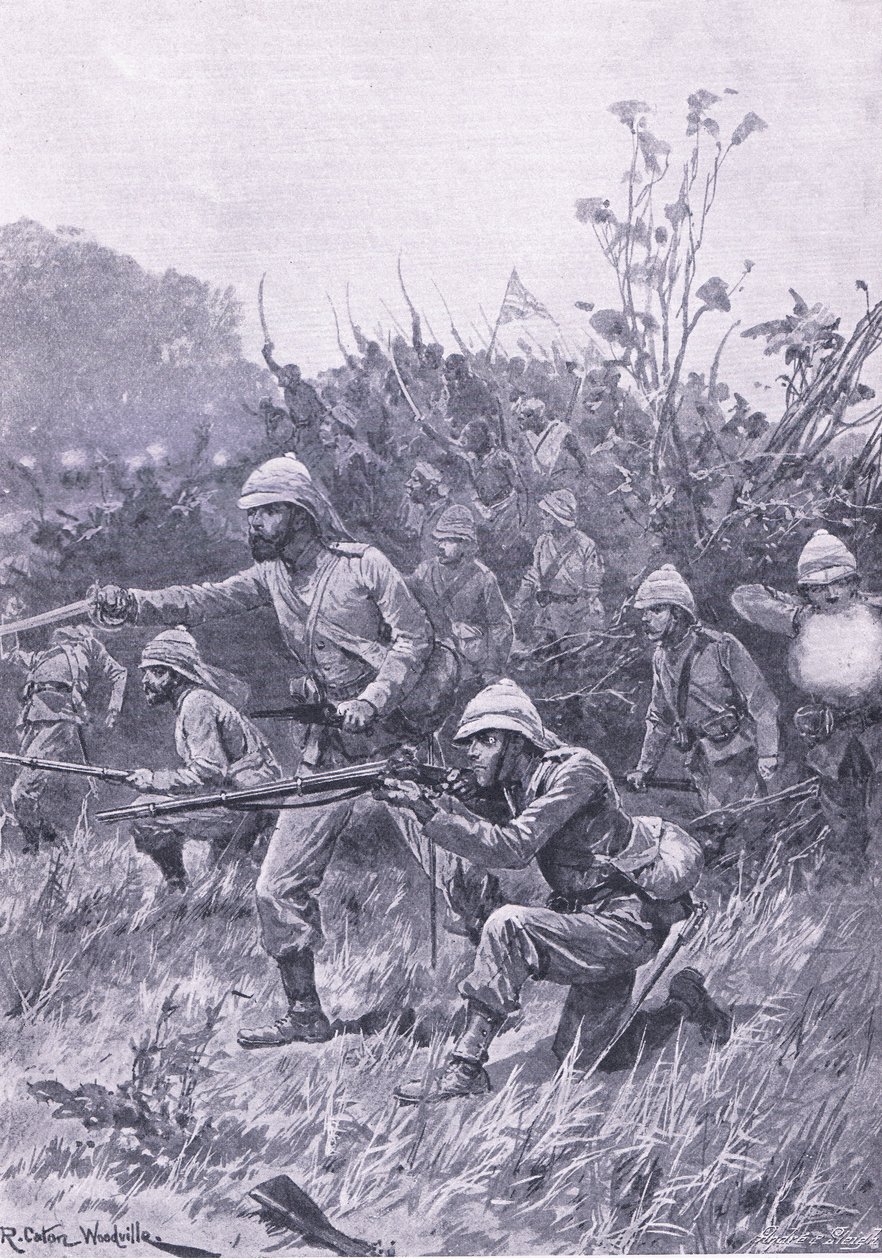 A brit erők előrenyomulása az 1873-as ashanti hadjáratban, illusztráció a brit szárazföldi és tengeri csatákból, 1915 alkotó: Richard Caton Woodville junior