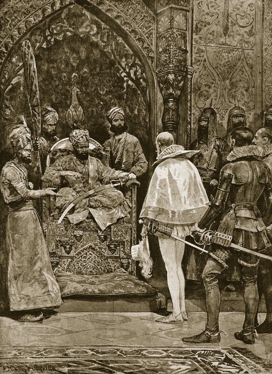 Egy korai angol nagykövetség Indiában, 1599, illusztráció a Hutchinson történetéből a brit nemzetről, 1923 körül alkotó: Richard Caton Woodville junior