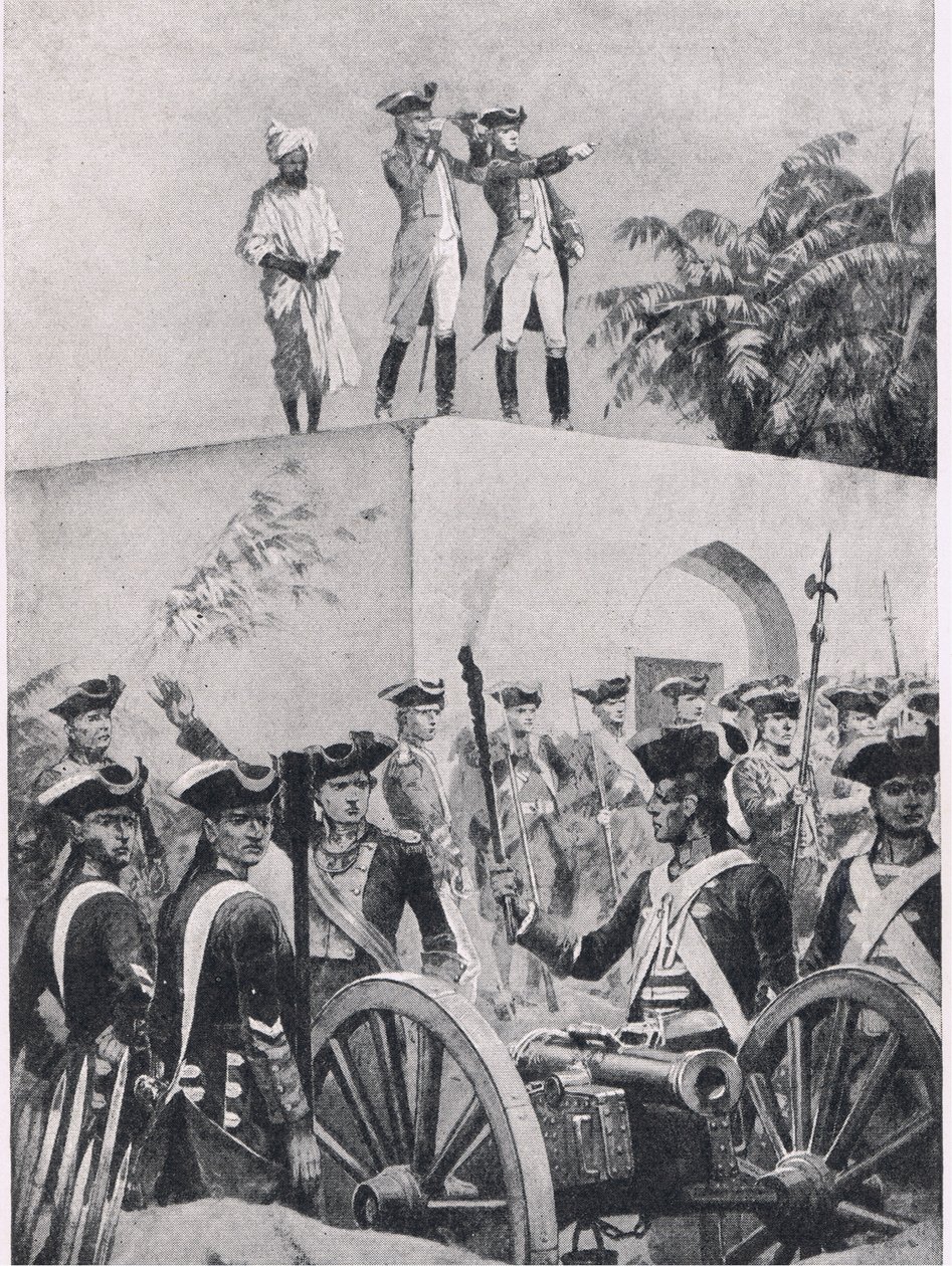 Plassey-i csata, 1757. június 23.: Clive a Nawab Surat-ud-Daulah vadászkastély tetején, illusztráció a brit szárazföldi és tengeri csatákból, 1915 alkotó: Richard Caton Woodville junior
