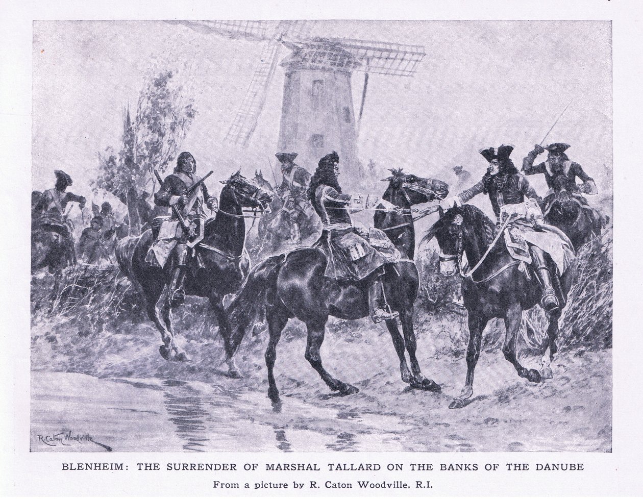Blenheim, 1704. augusztus 13.: Marshall Tallard megadása a Duna partján, illusztráció a brit szárazföldi és tengeri csatákból, 1915 alkotó: Richard Caton Woodville junior