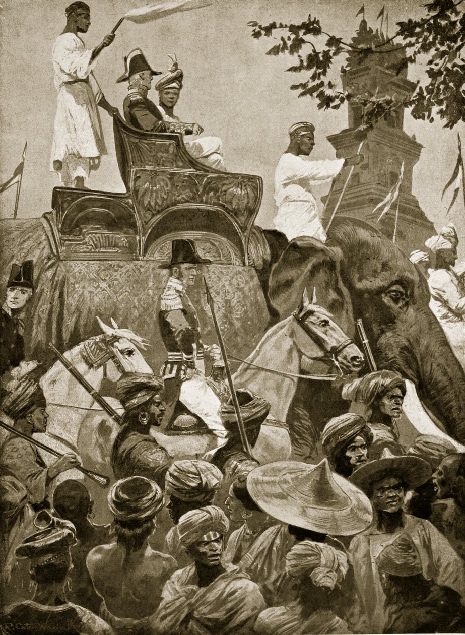 Brit csapatok belépve Szingapúrba, 1824, illusztráció a Hutchinson történetéből a brit nemzetről, 1923 körül alkotó: Richard Caton Woodville junior