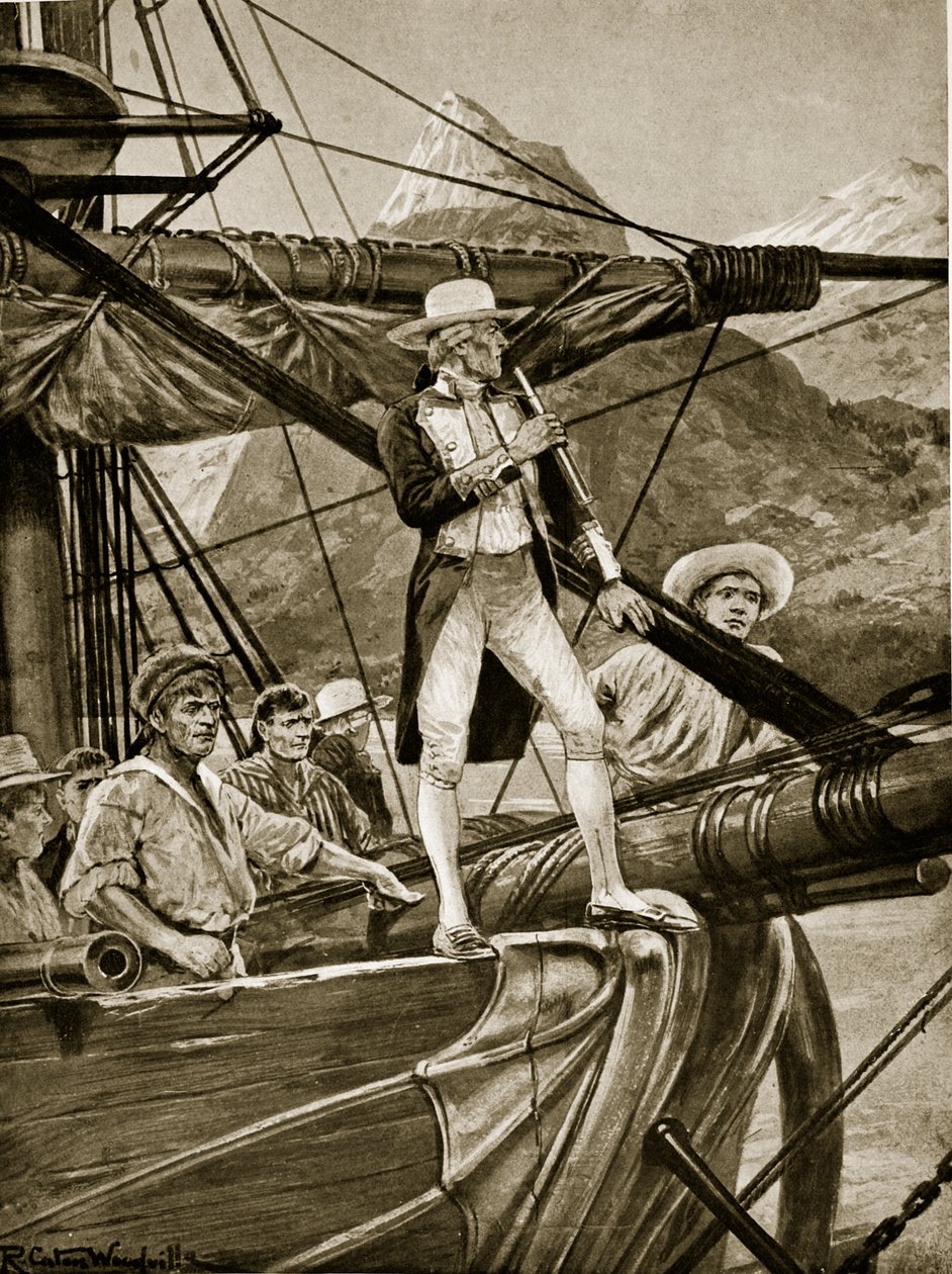 Cook kapitány közeledik Új-Zélandhoz, illusztráció a „Hutchinson története a brit nemzetről”, 1923 körül alkotó: Richard Caton Woodville junior