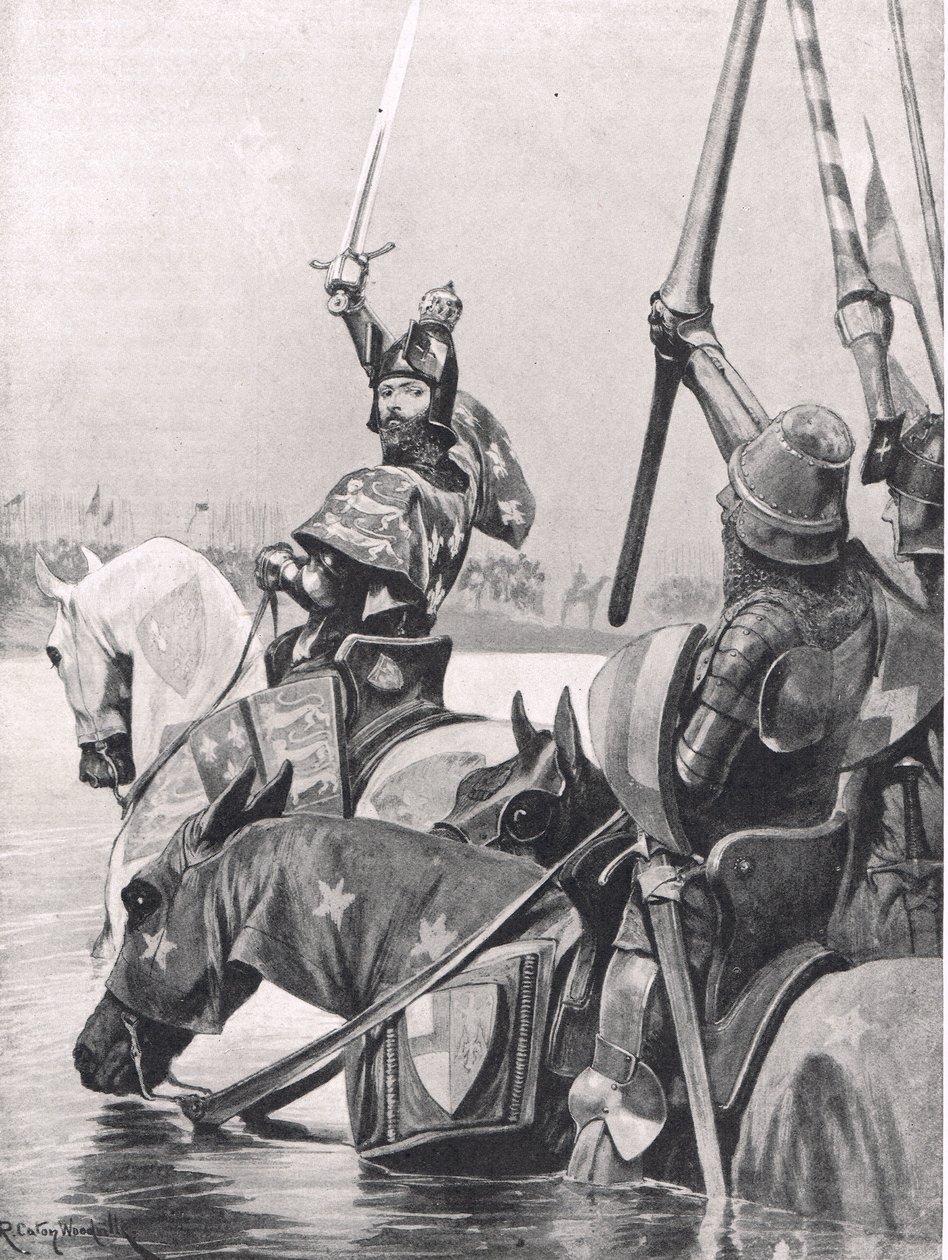 III. Edward átkel a Somme-on a crecyi csata előtt, illusztráció a „British Battles on szárazföldön és tengeren” című könyvből, kiadó: Cassell, London, 1910 körül alkotó: Richard Caton Woodville junior