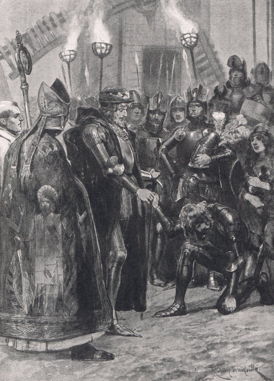 III. Edward üdvözli a walesi herceget a crecyi csata után, illusztráció a "British Battles on Land and Sea" című könyvből, kiadó: Cassell, London, 1910 körül. alkotó: Richard Caton Woodville junior