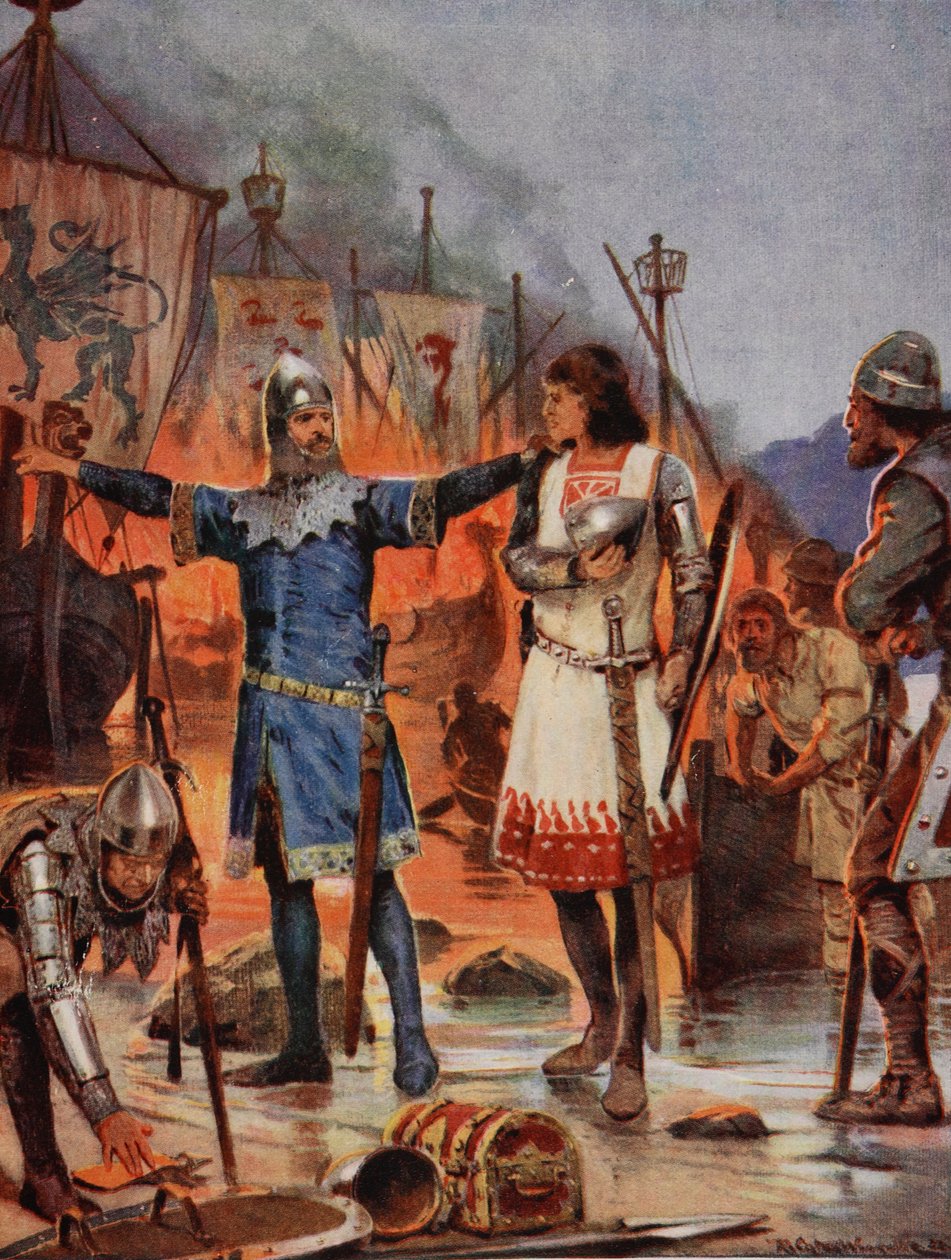 FitzStephen elégeti csónakjait, 1169, illusztráció a „Hutchinson története a brit nemzetről”, 1923 körül alkotó: Richard Caton Woodville junior