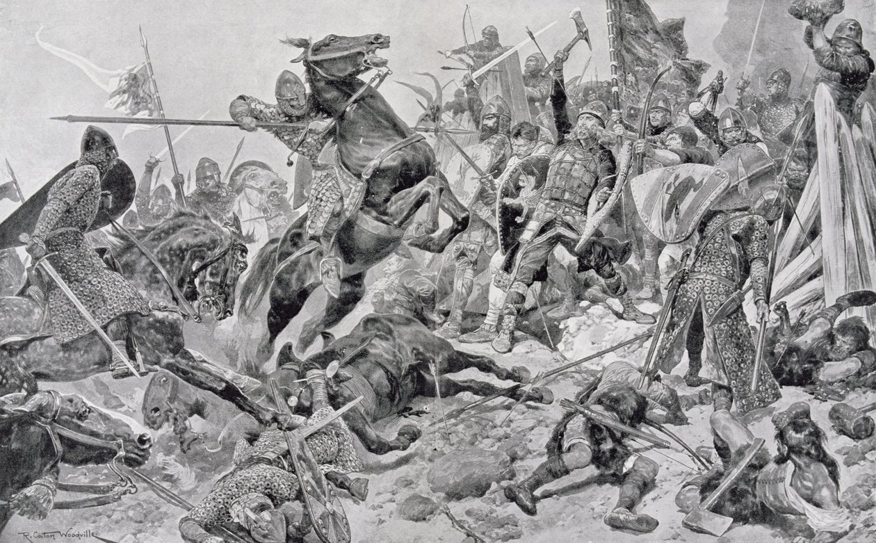 Harold (1022-66 körül) utolsó harca, illusztráció a Sir Evelyn Wood (1838-1919) által szerkesztett "British Battles on Land and Sea" című könyvből, amely először 1915-ben jelent meg. alkotó: Richard Caton Woodville junior