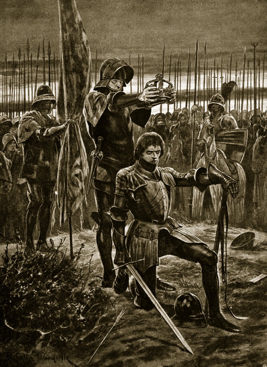 VII. Henriket Bosworth-ban koronázták meg, illusztráció a „Hutchinson története a brit nemzetről”, 1923 körül alkotó: Richard Caton Woodville junior