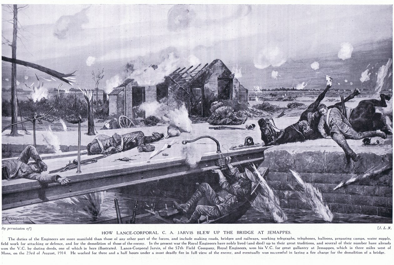 Hogyan robbantott fel egy hidat C A Jarvis lance tizedes Jemappes-ban Mons közelében, és nyerte el a VC-t 1914 augusztusában alkotó: Richard Caton Woodville junior