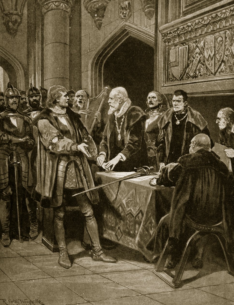 Lord Thomas Fitzgerald ledobja kardját, illusztráció a „Hutchinson története a brit nemzetről”, 1923 körül alkotó: Richard Caton Woodville junior