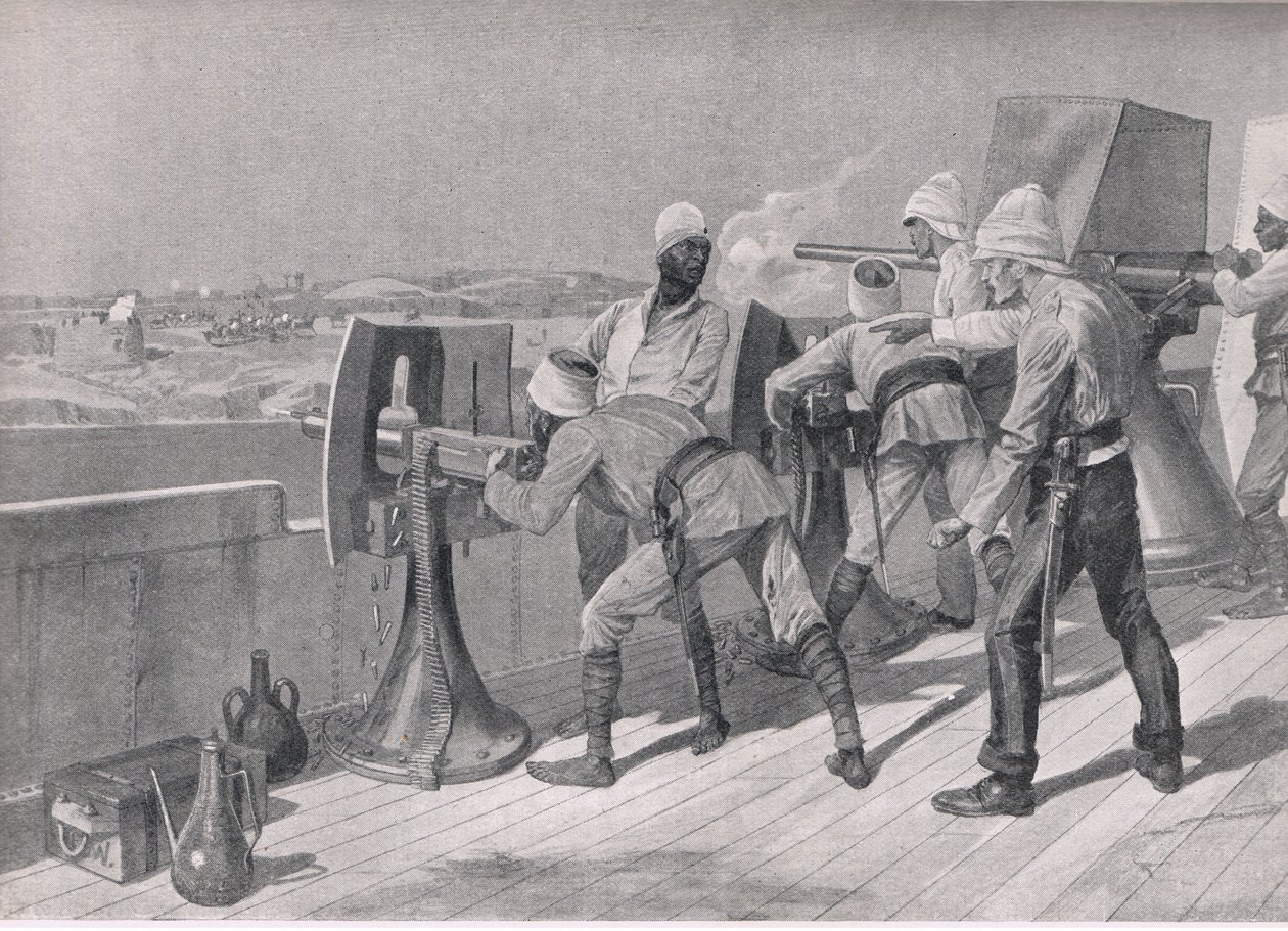Útban felfelé a Níluson: Lövés a dervisekre, illusztráció a brit csaták szárazföldön és tengeren című filmből, 1915 alkotó: Richard Caton Woodville junior