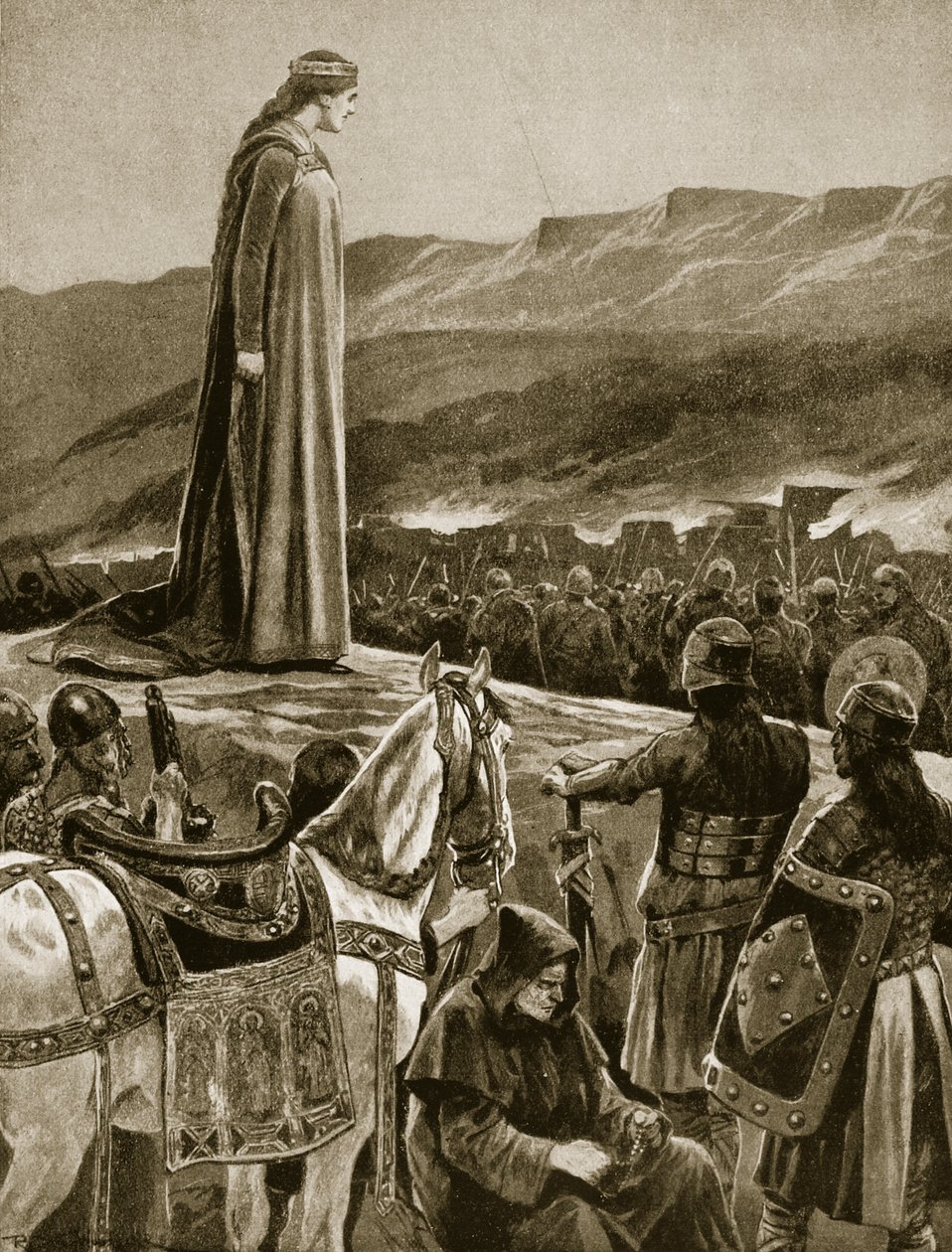 Ethelfled királynő Brecon megrohanását nézi, illusztráció a Hutchinson történetéből a brit nemzetről, 1920 körül alkotó: Richard Caton Woodville junior