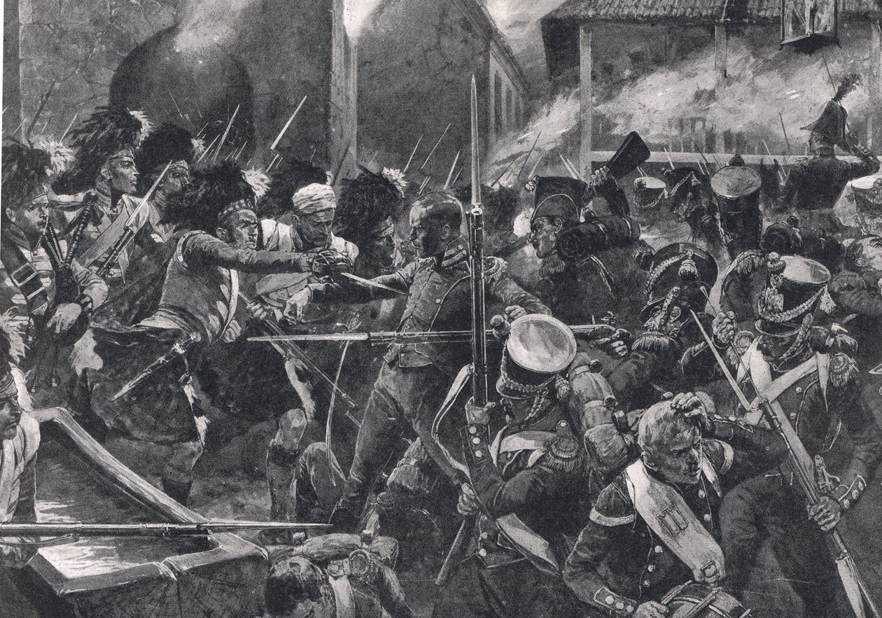 A 42. felföldi lovasok kiszorítják a franciákat Elvinából, illusztráció a "British Battles on Land and Sea" című könyvből, kiadta a Cassell, London, 1910 körül. alkotó: Richard Caton Woodville junior