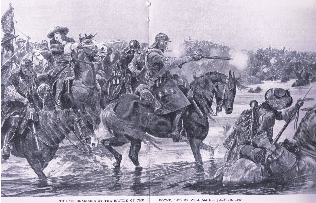 The Battle of the Boyne, 1690. július 1., illusztráció a brit csaták szárazföldön és tengeren című filmből, 1915 alkotó: Richard Caton Woodville junior