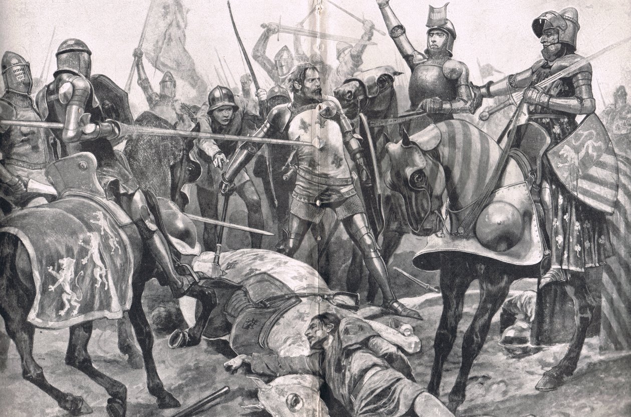 II. János Franciaország utolsó állása a poitiers-i csatában, illusztráció a „British Battles on szárazföldön és tengeren”, kiadó: Cassell, London, 1910 körül alkotó: Richard Caton Woodville junior