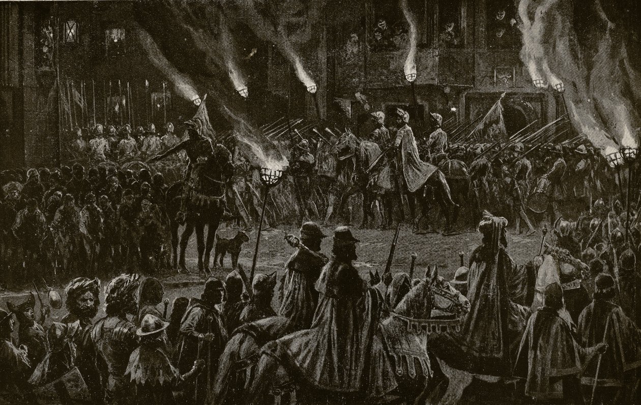 The Marching Watch, illusztráció a „Hutchinson története a brit nemzetről”, 1923 körül alkotó: Richard Caton Woodville junior