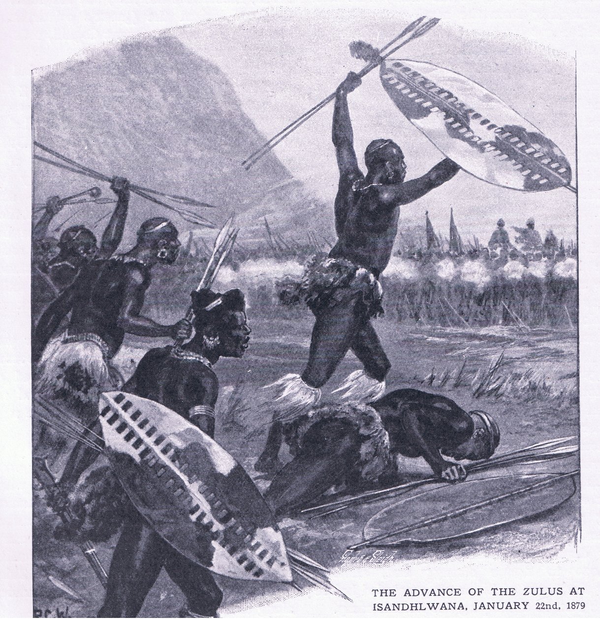 A zuluk előretörése Isandhlwanában 1879. január 22., illusztráció a brit szárazföldi és tengeri csatákból, 1915 alkotó: Richard Caton Woodville junior