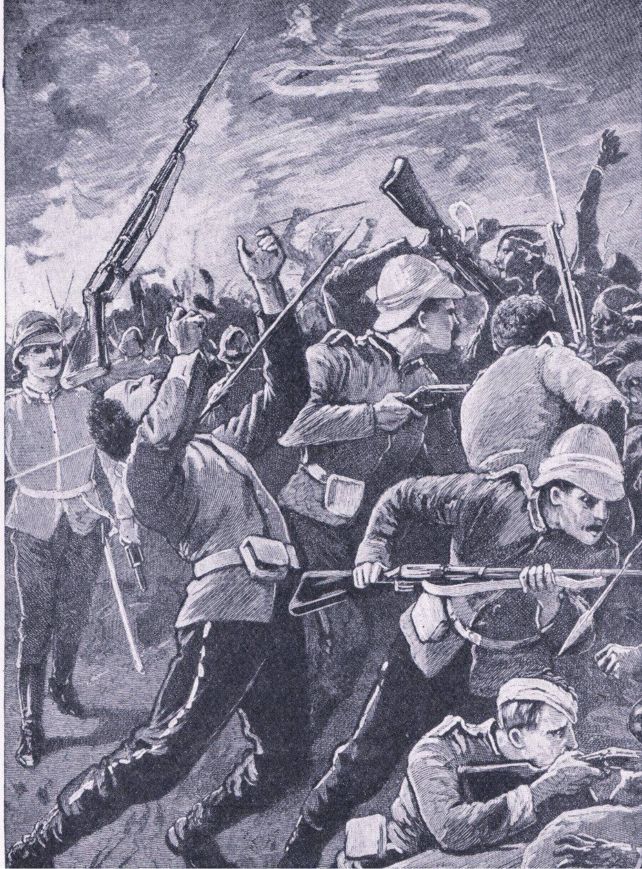 Rorkes Drift védelme, illusztráció a brit csaták szárazföldön és tengeren című filmből, 1915 alkotó: Richard Caton Woodville junior