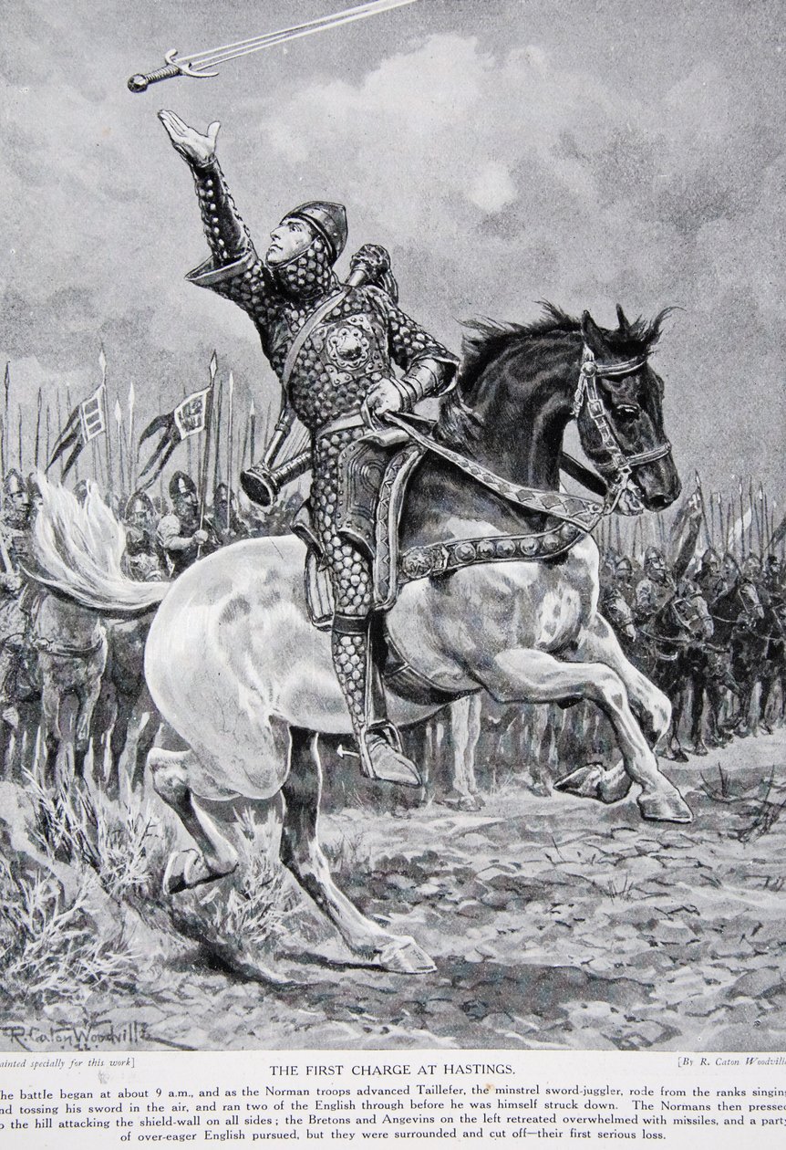 Az első támadás Hastingsnél: Taillefer, a bűvész kardzsonglőr énekelve és kardját a levegőbe dobálva lovagolt a sorokból, 1066, illusztráció a "Hutchinson