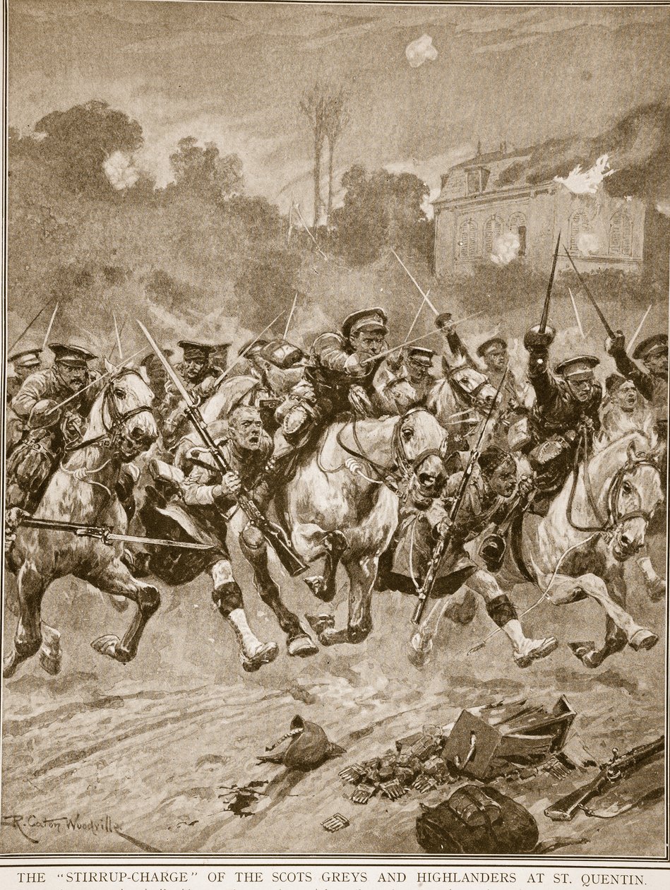 A skót szürkék és hegyvidékiek „kengyeltöltete” St. Quentinben, 1914–1919 alkotó: Richard Caton Woodville junior
