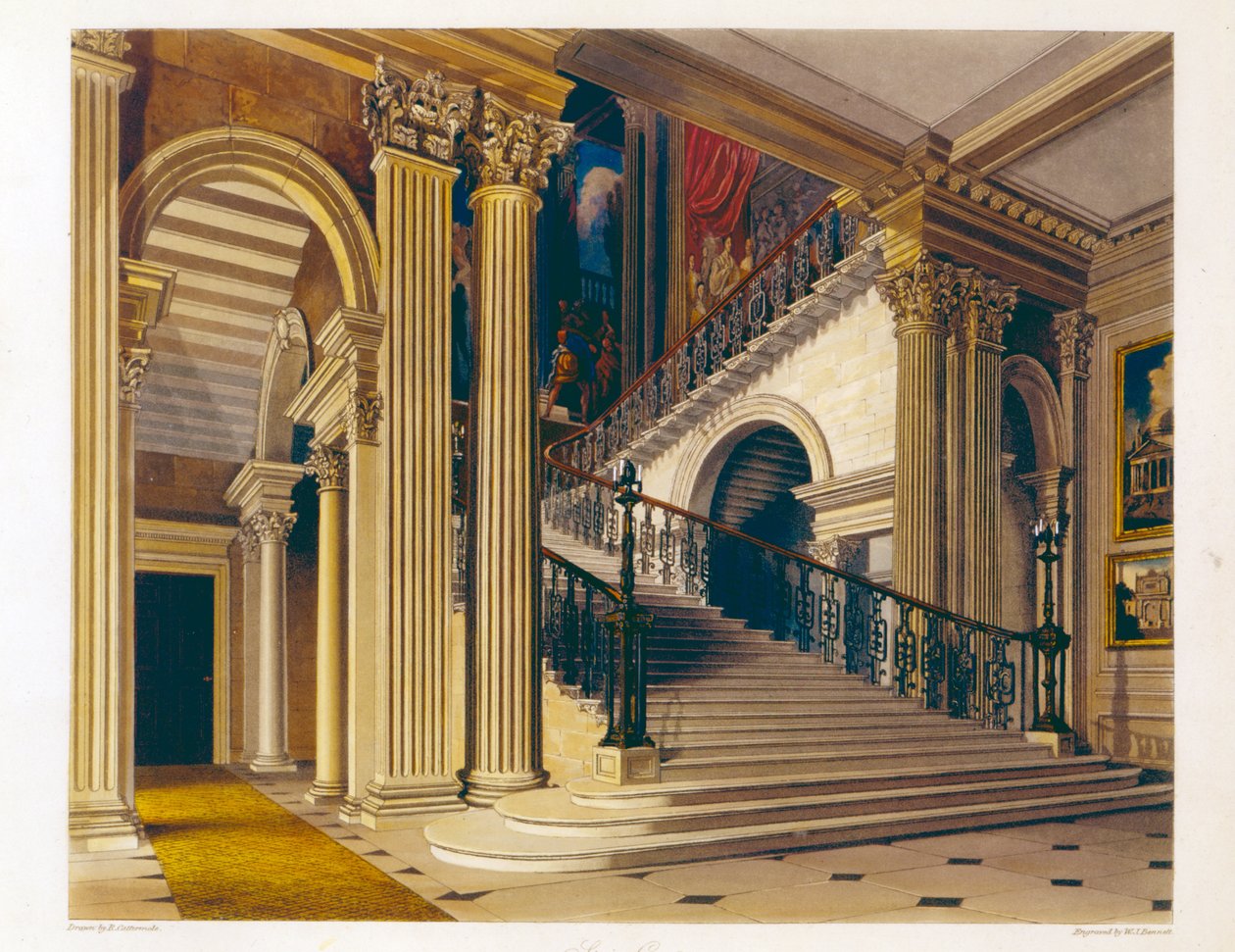 Lépcsőház, Buckingham House, a "The History of the Royal Residences"-ből, vésette William James Bennett (1787-1844), William Henry Pyne (1769-1843), 1819 alkotó: Richard Cattermole