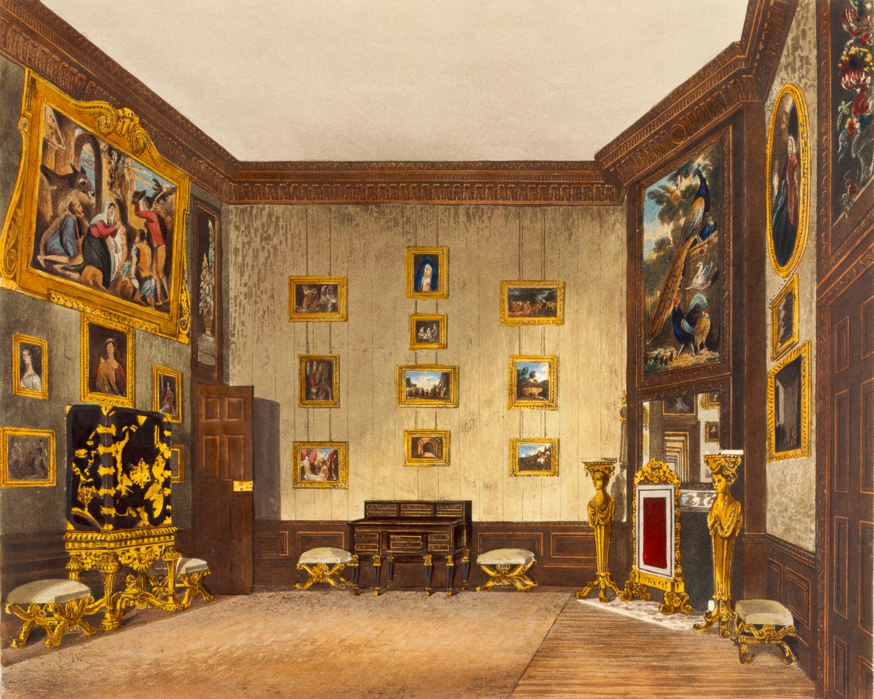 A király írószekrénye, Hampton Court, a "The History of the Royal Residences" című könyvből, Richard Reeve (sz.1780) metszete, William Henry Pyne (1769-1843), 1819. alkotó: Richard Cattermole