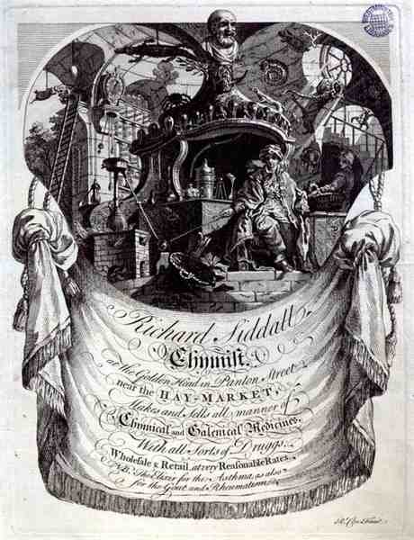 Richard Siddall vegyész kereskedelmi kártyája a Golden Headben, Panton Street, London (metszet) alkotó: Richard Clee