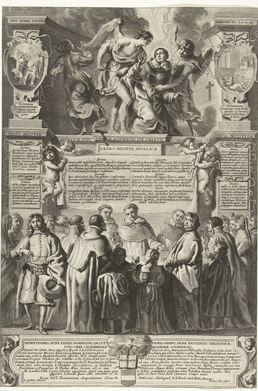 Instelling van de broederschap Militia Angelica of Aquinói Tamás, 1649 Az Angyali Milícia eredete, az isteni Aquinói Tamás; tisztaság égi öve alatt, bevezetve (cím a tárgyon) alkotó: Richard Collin