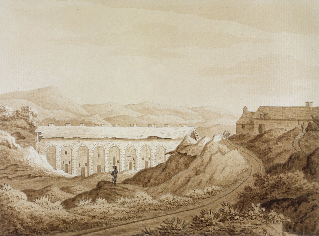 Blaenavon, William Coxe „An Historical Tour in Monmouthshire” című művéből, 1801-ben (toll és barna tinta és barna mosás grafiton a papíron) alkotó: Richard Colt Hoare