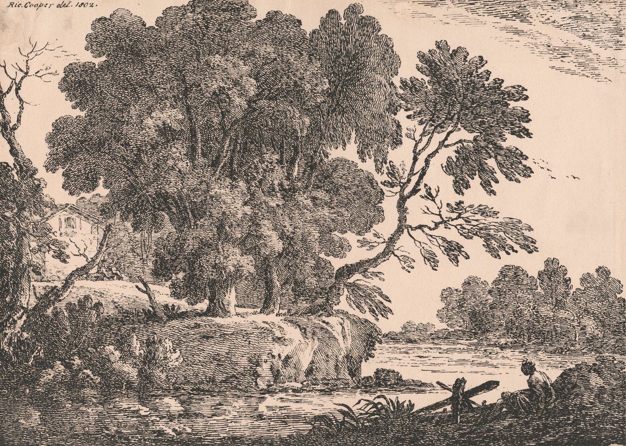 Vízzel körülvett facsoport táj, bal oldalon a házikó, a jobb előtérben nő ül alkotó: Richard Cooper the Elder