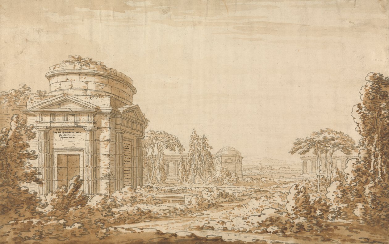 Klasszikus olasz táj templomokkal és egy romos vízvezetékkel alkotó: Richard Cooper the Younger