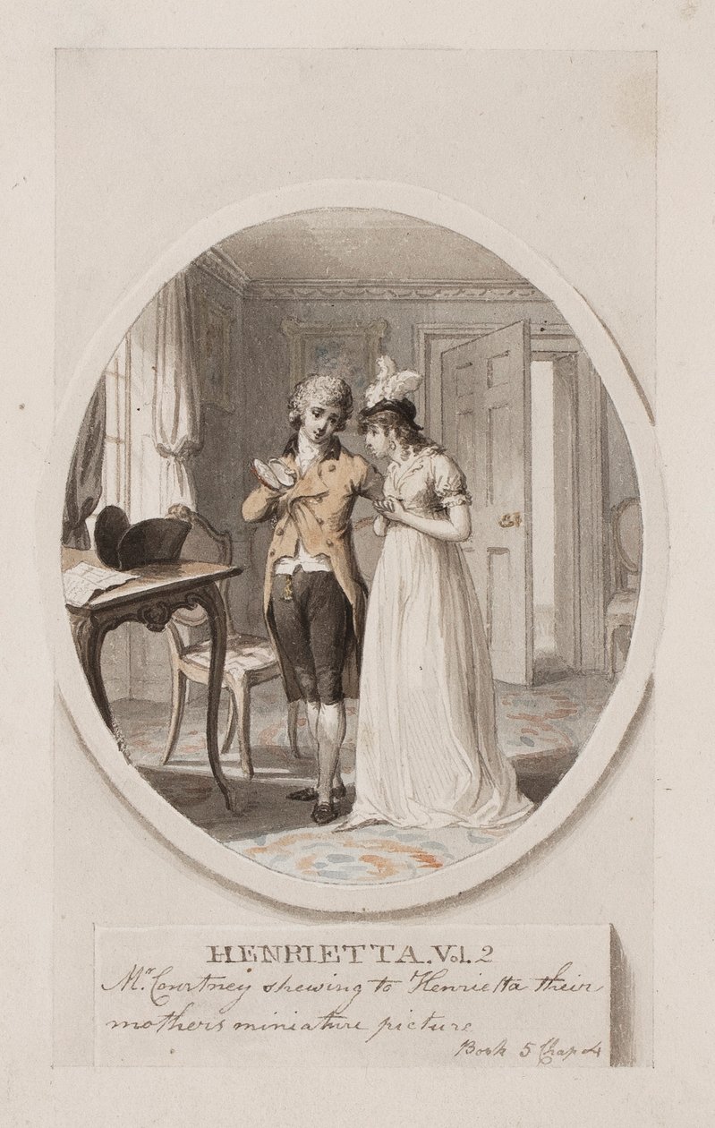 Courtney úr bemutatja Henriettának az anyjuk miniatűr képét, 5. könyv 4. fejezet, illusztráció Charlotte Lennox „Henrietta” 1798-as kiadásához, 1798 körül (ceruza és WC papíron) alkotó: Richard Corbould