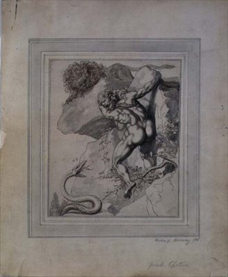 Oroszlán és kígyó csapdájában lévő ember, 1790 körül (toll és barna tinta, szürke mosás papíron) alkotó: Richard Cosway