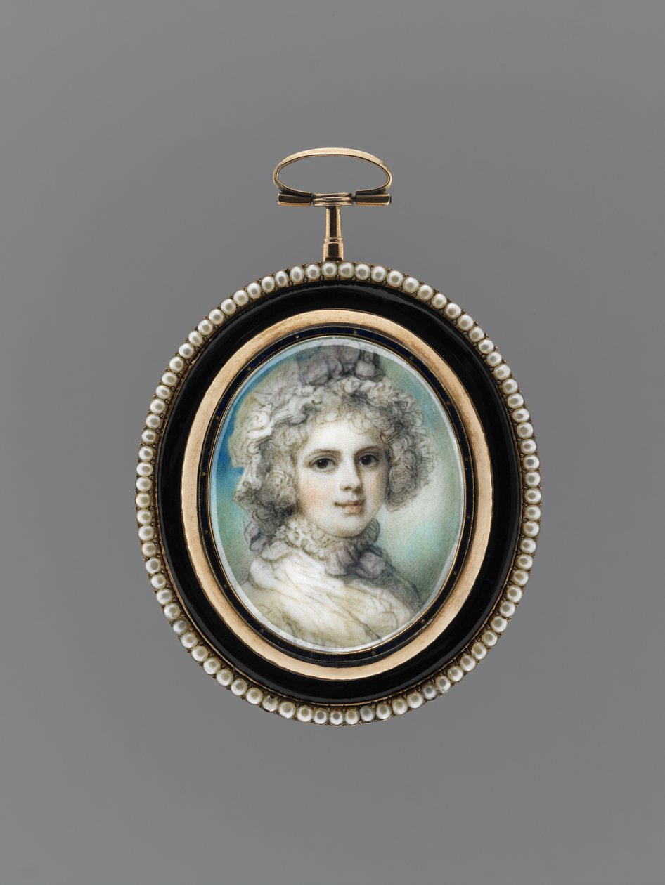 Női portré, 1785 körül (akvarell elefántcsonton, 9 ezer rózsa arany, maggyöngy, zománc és üveg) alkotó: Richard Cosway