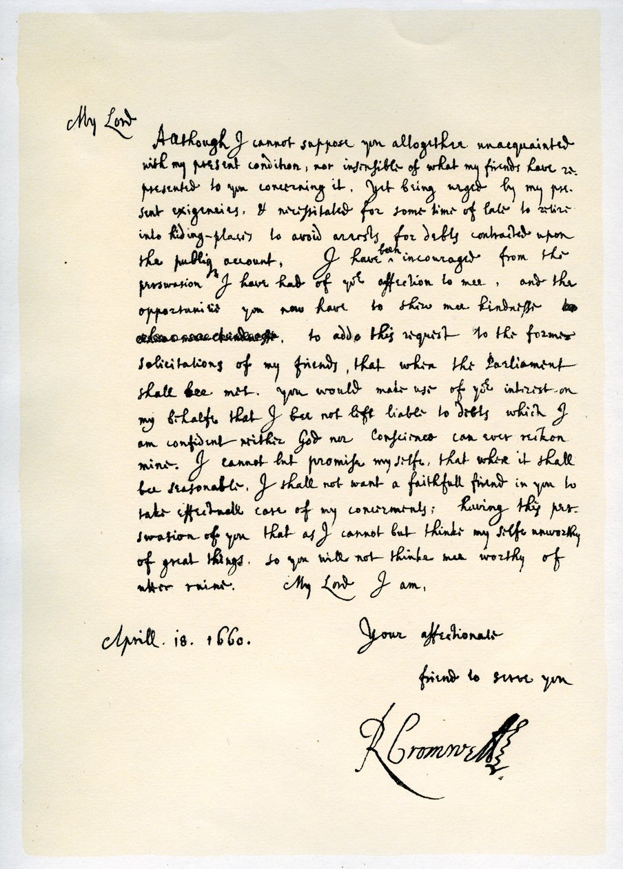 Richard Cromwell, Lord Protector levele George Monck tábornoknak 1660. április 18-án. alkotó: Richard Cromwell