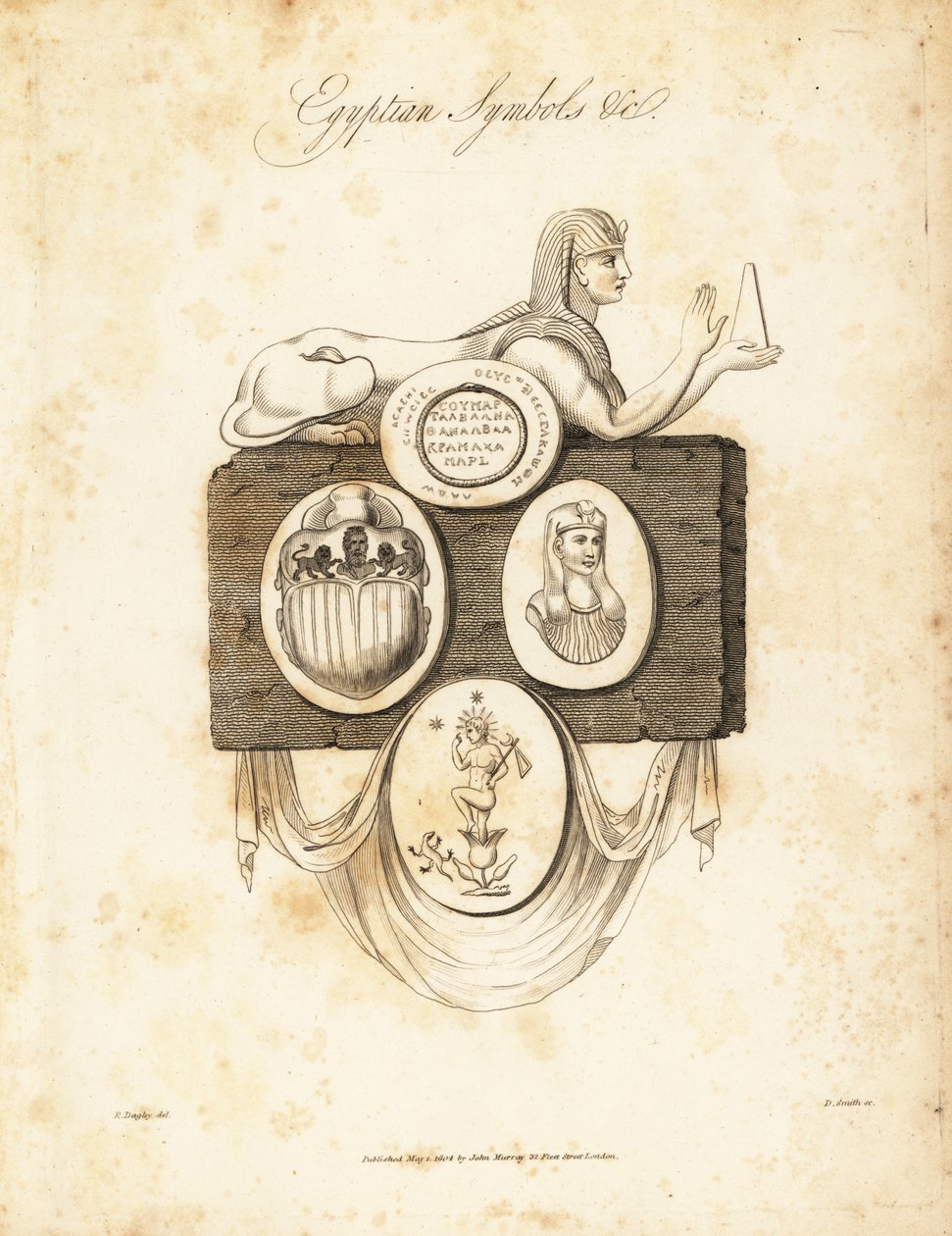 Egyiptomi szfinx, szkarabeusz bogár, Hórusz stb., 1823 (metszet) alkotó: Richard Dagley