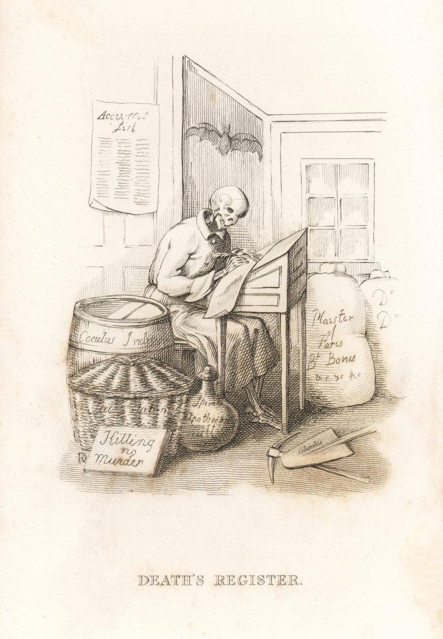 A Halál csontváza és főkönyve. ,1827 (metszet) alkotó: Richard Dagley