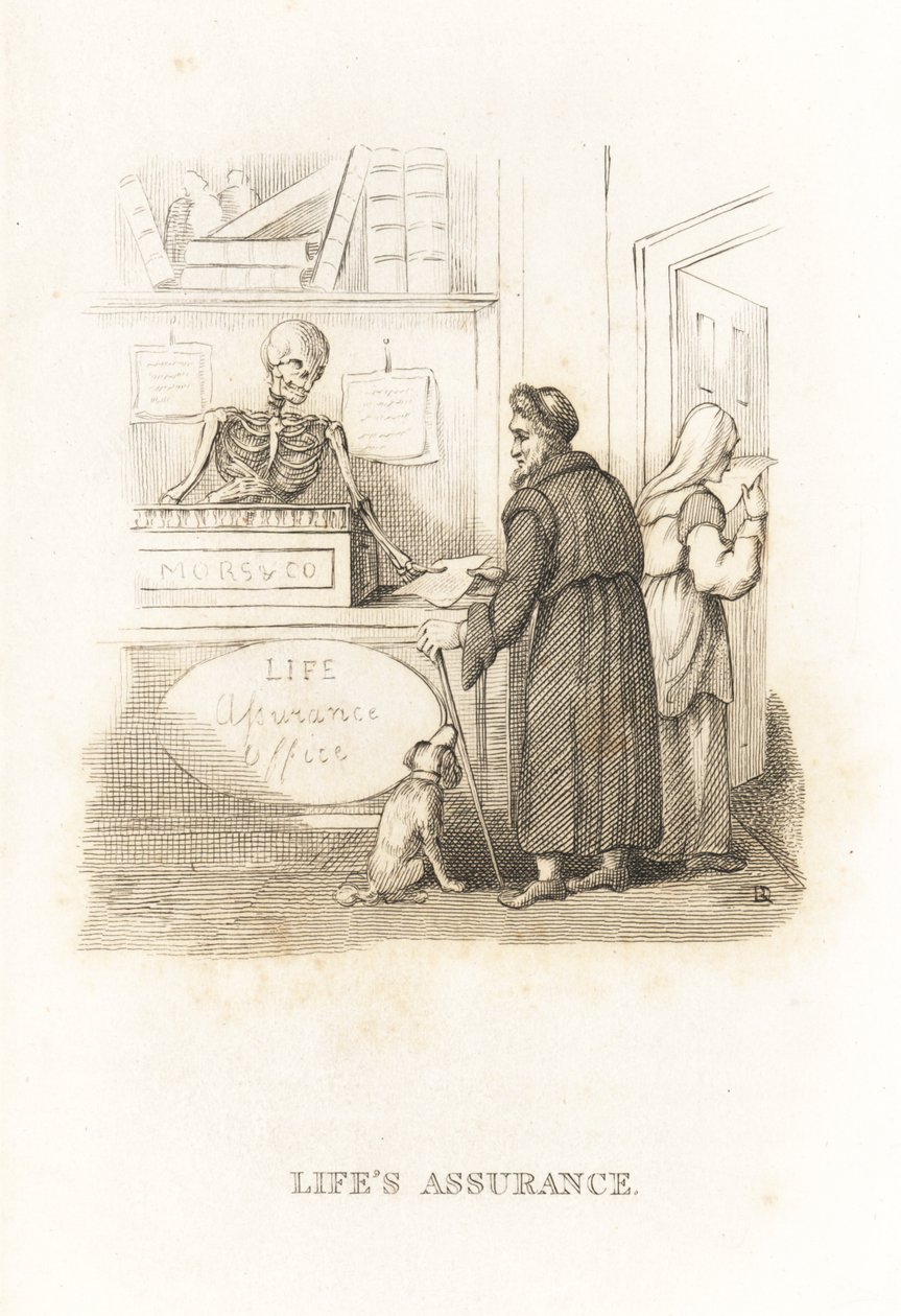 A Halál csontváza a biztosítási irodában. ,1827 (metszet) alkotó: Richard Dagley