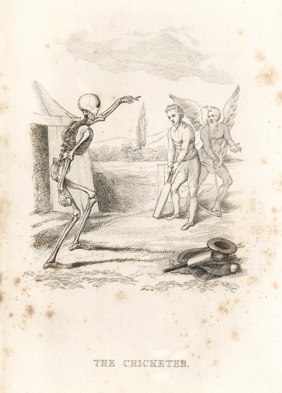 A Halál csontváza labdát dob egy krikettjátékosnál az ütőnél, 1827 (metszet) alkotó: Richard Dagley