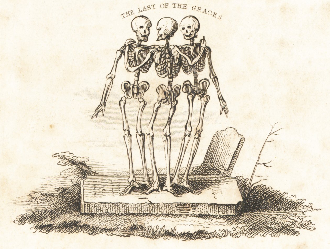 Három csontváz matricája egy sírkövön.,1827 (metszet) alkotó: Richard Dagley