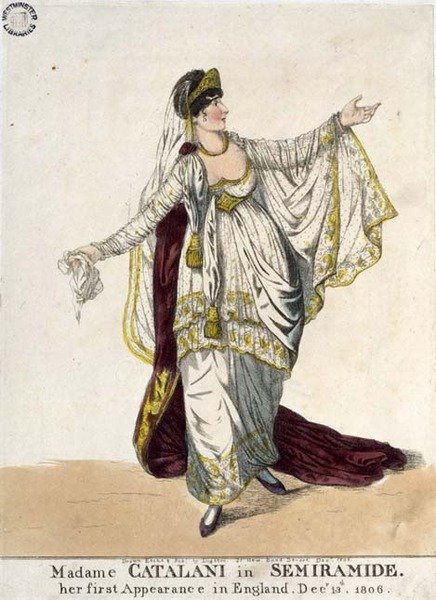 Madame Catalani a Semiramide című filmben, első fellépése Angliában, 1806. december 13-án (színes rézkarc) alkotó: Richard Dighton