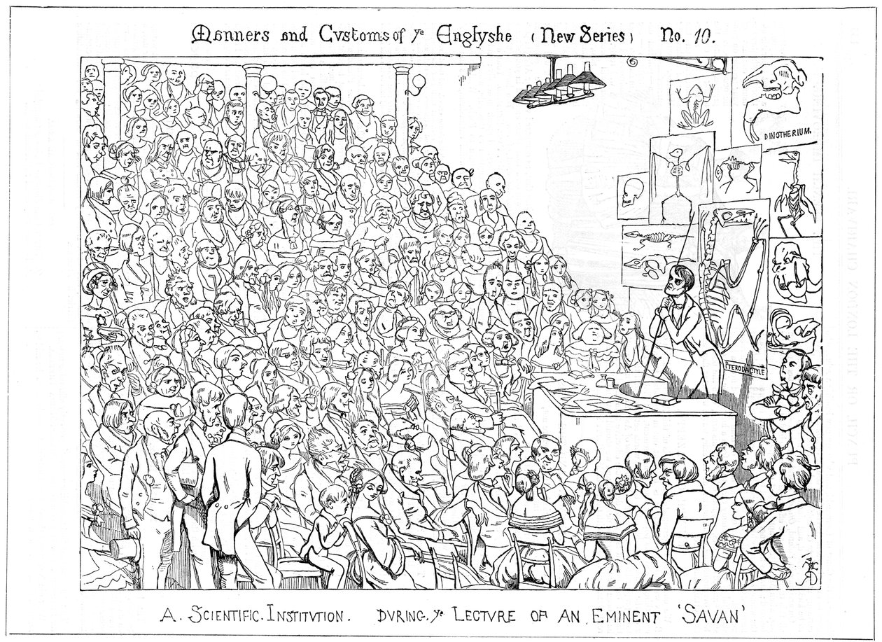 Tudományos Intézmény. Egy kiváló szavan előadása alatt, 1849 alkotó: Richard Doyle