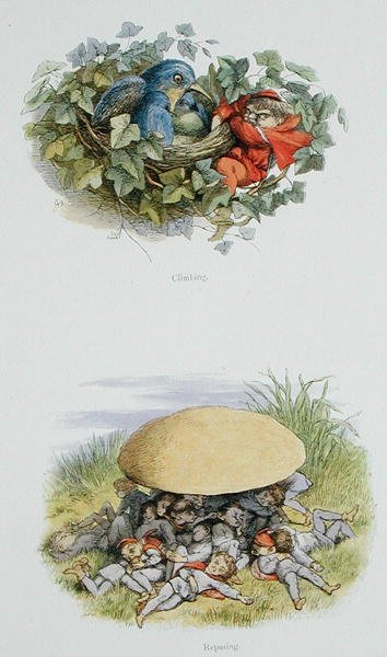 Hegymászás és pihenés, illusztrációk William Allingham és Andrew Lang „Tündérországban: Képek sorozata az elf-világból” című művéből (színes litó) alkotó: Richard Doyle