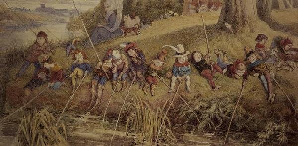 Julianna Berners asszony, aki fiatal tanítványait a horgászat művészetére tanítja alkotó: Richard Doyle